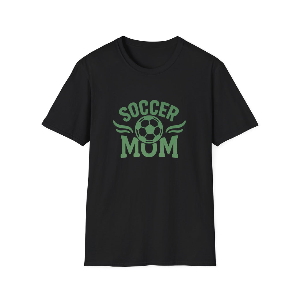 Black t-shirt with 'Soccer Mum' text and soccer ball graphic on a white background