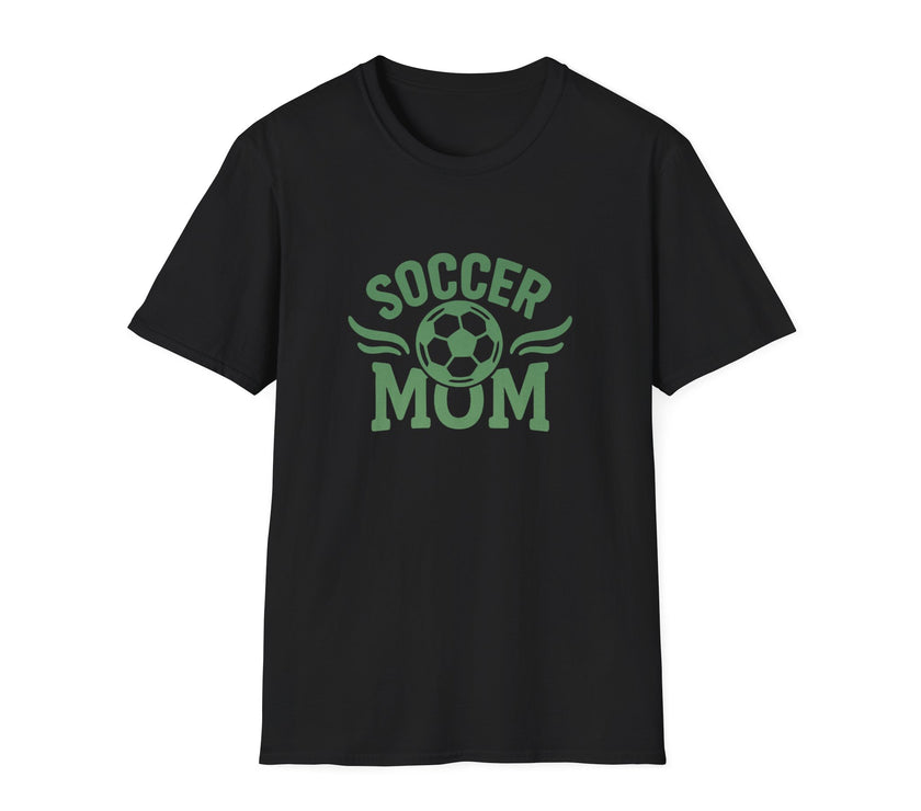 Black t-shirt with 'Soccer Mum' text and soccer ball graphic on a white background