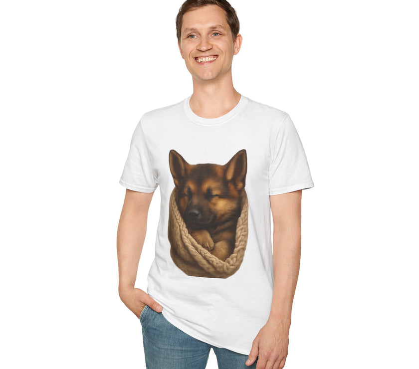 Person wearing a white t-shirt with a dog graphic on a white background