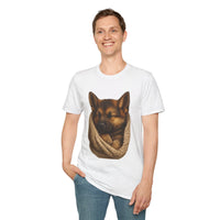 Person wearing a white t-shirt with a dog graphic on a white background