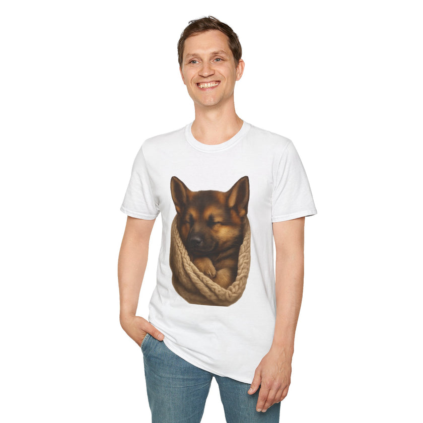 Person wearing a white t-shirt with a dog graphic on a white background