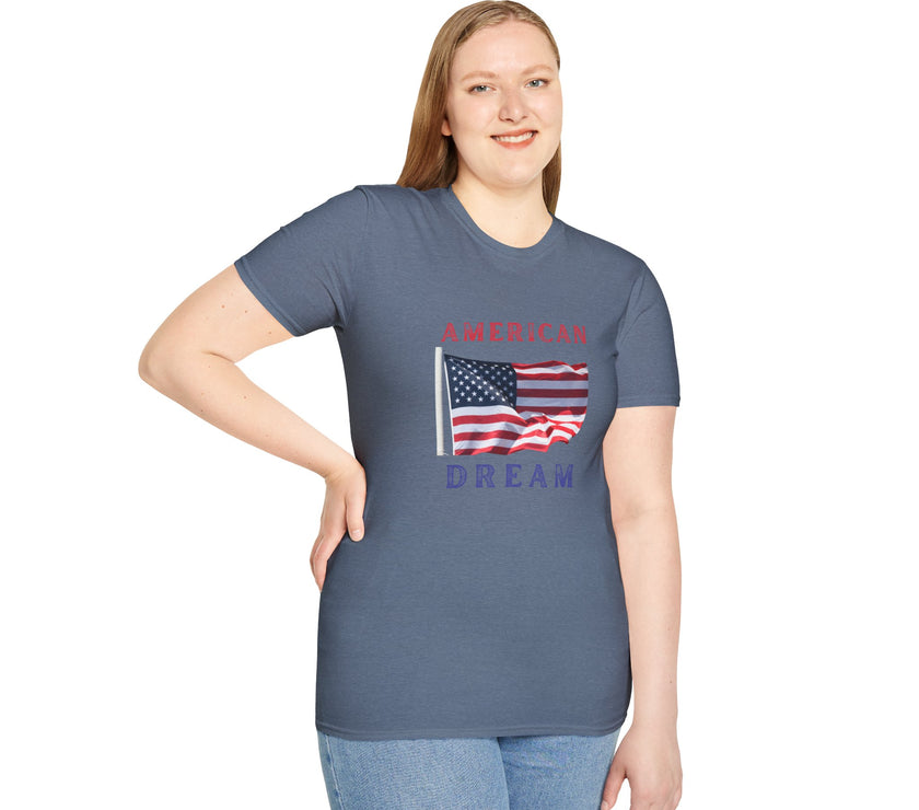 Female wearing T-shirt featuring an American flag graphic with the words 'AMERICAN DREAM' in red and blue text above and below the flag