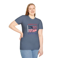 Female wearing T-shirt featuring an American flag graphic with the words 'AMERICAN DREAM' in red and blue text above and below the flag