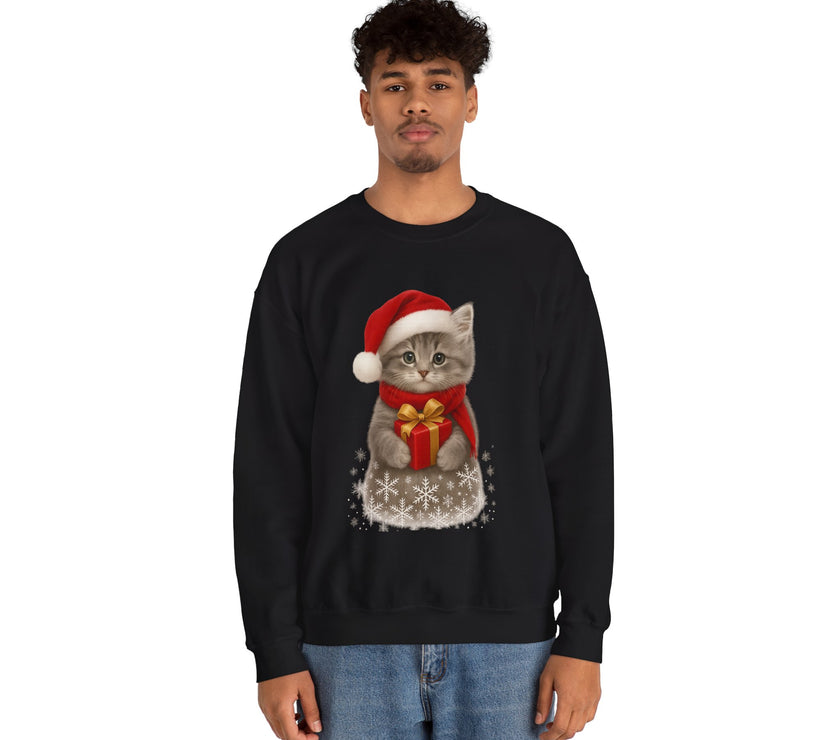 Black sweatshirt featuring a gray kitten wearing a Santa hat and red scarf, holding a small red gift box with a gold bow, surrounded by snowflake designs.