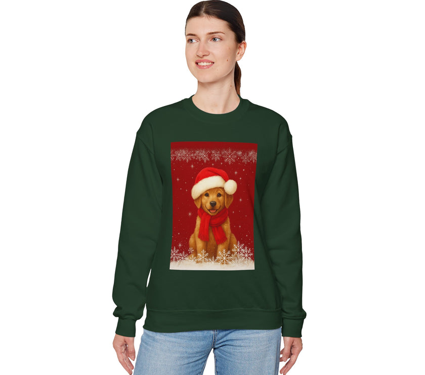 Person wearing a green sweatshirt with a Christmas-themed dog design on a white background