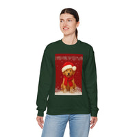 Person wearing a green sweatshirt with a Christmas-themed dog design on a white background