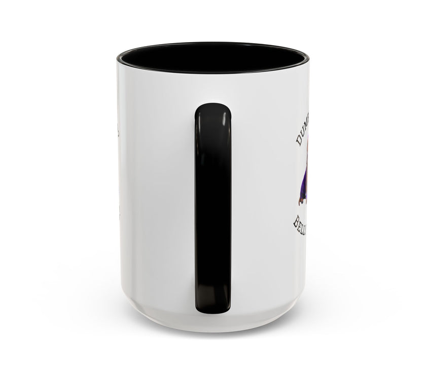Two tone ceramic mug featuring a dachshund next to dumbbells and the humorous text 'Dumbbells? Belly Rubs?', designed for dog lovers and fitness enthusiasts.