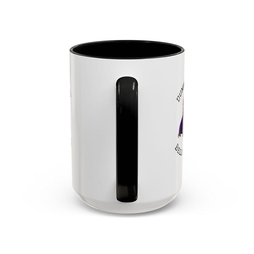 Two tone ceramic mug featuring a dachshund next to dumbbells and the humorous text 'Dumbbells? Belly Rubs?', designed for dog lovers and fitness enthusiasts.