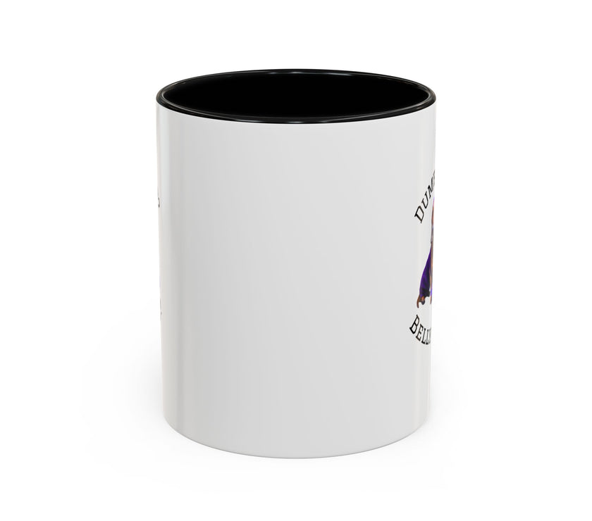 Two tone ceramic mug featuring a dachshund next to dumbbells and the humorous text 'Dumbbells? Belly Rubs?', designed for dog lovers and fitness enthusiasts.