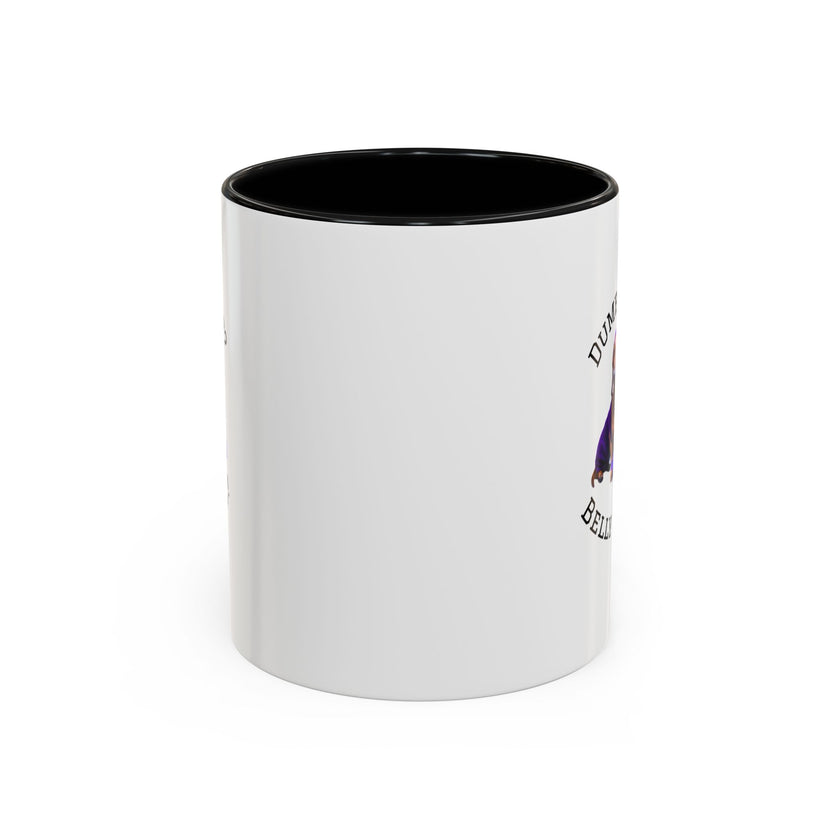 Two tone ceramic mug featuring a dachshund next to dumbbells and the humorous text 'Dumbbells? Belly Rubs?', designed for dog lovers and fitness enthusiasts.
