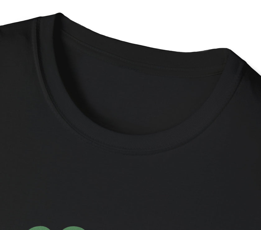 Close-up of a black t-shirt with green text on a white background