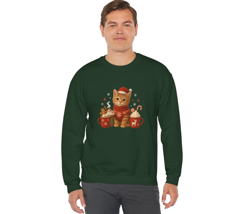 Man wearing a green long-sleeve shirt with a Christmas-themed cat design on a white background