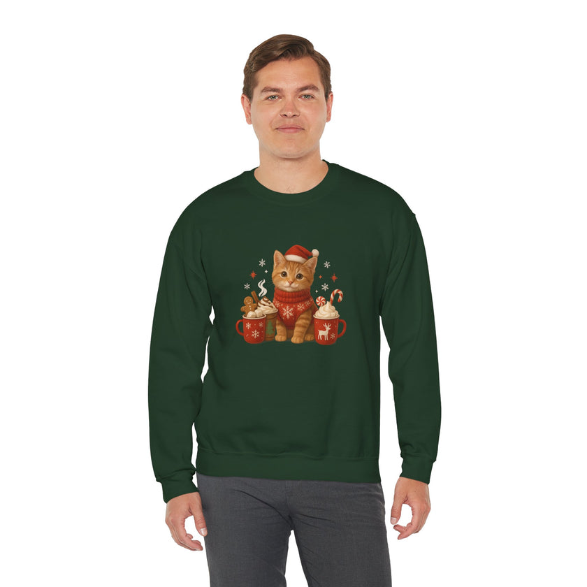 Man wearing a green long-sleeve shirt with a Christmas-themed cat design on a white background