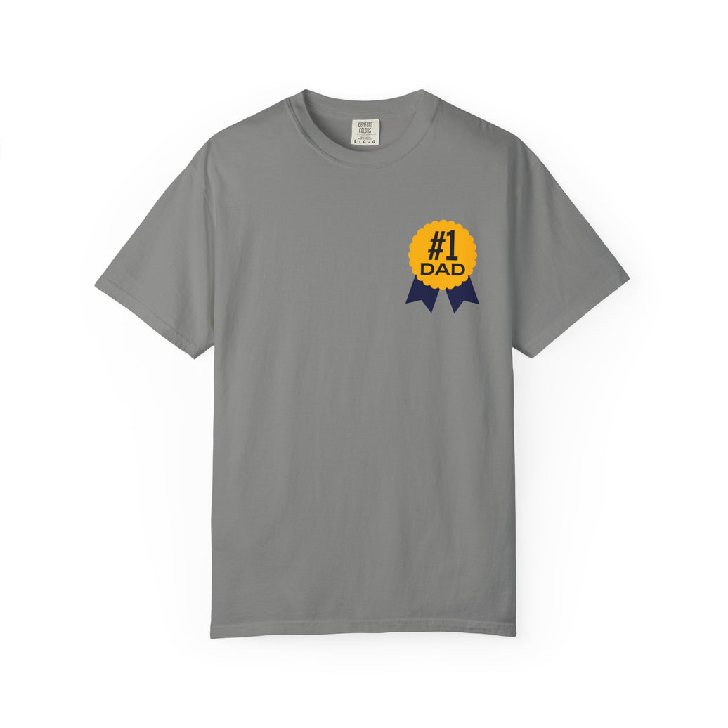 Gray t-shirt featuring a yellow and navy blue award ribbon graphic on the chest with the text "#1 Dad," designed as a fun and heartfelt Father's Day gift.