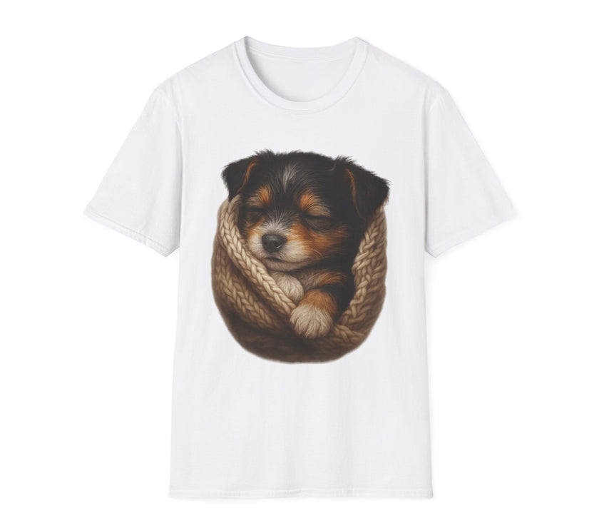 White t-shirt with a printed design of a dog in a knitted pouch on a white background