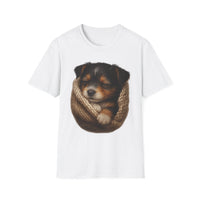 White t-shirt with a printed design of a dog in a knitted pouch on a white background