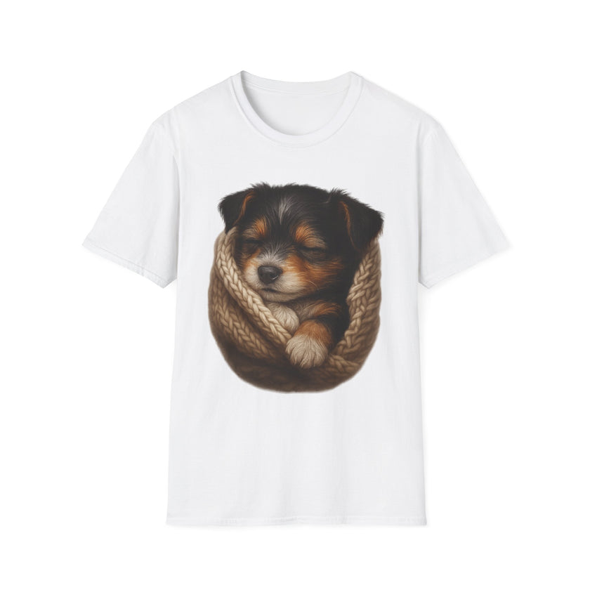 White t-shirt with a printed design of a dog in a knitted pouch on a white background