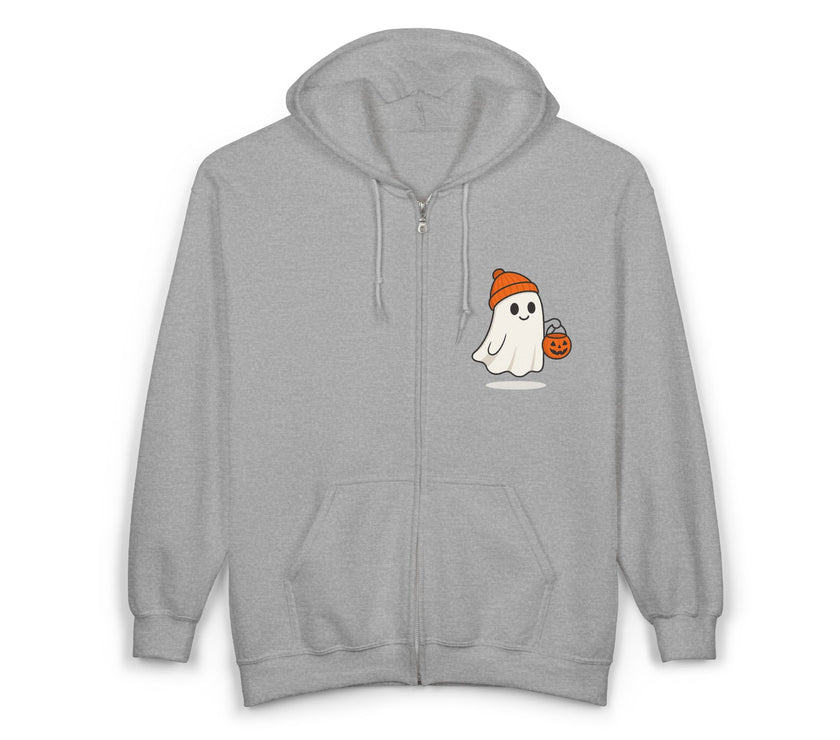 Gray hoodie with a ghost and pumpkin design on a white background