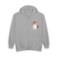Gray hoodie with a ghost and pumpkin design on a white background