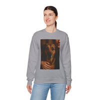 Person wearing a gray sweatshirt with a dog graphic on a white background