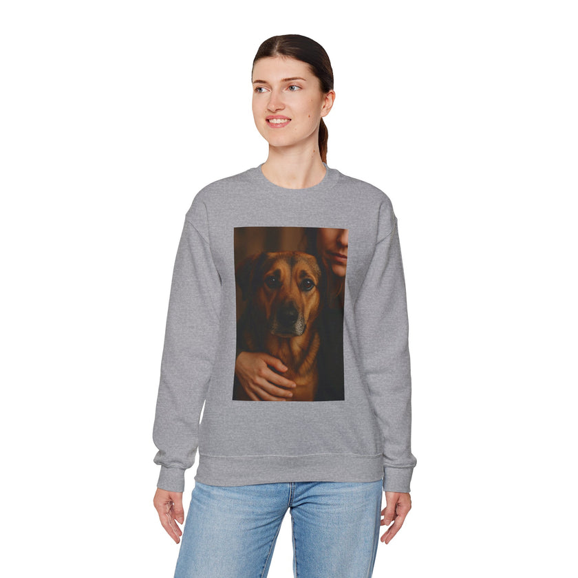 Person wearing a gray sweatshirt with a dog graphic on a white background