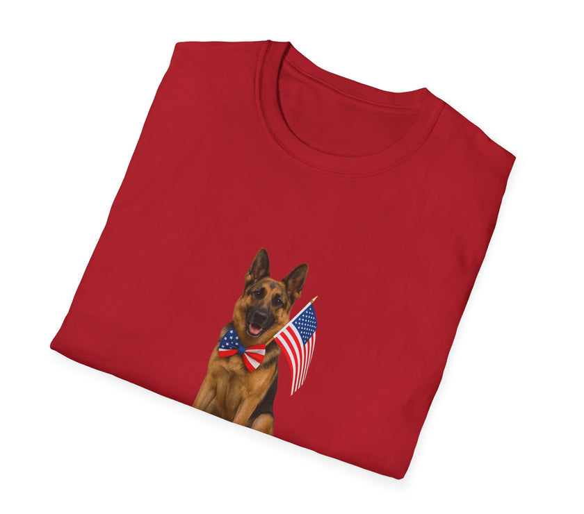 Cherry Red t-shirt featuring a patriotic German Shepherd wearing an American flag bowtie and holding U.S. flags, with the phrase "Born to Be Free" printed below — perfect for dog lovers and patriotic Americans.