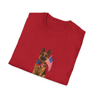 Cherry Red t-shirt featuring a patriotic German Shepherd wearing an American flag bowtie and holding U.S. flags, with the phrase "Born to Be Free" printed below — perfect for dog lovers and patriotic Americans.