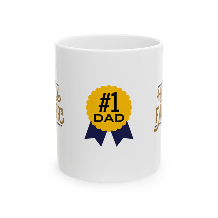 White ceramic mug featuring a #1 Dad ribbon and Happy Father’s Day message, ideal gift for Father’s Day celebrations.