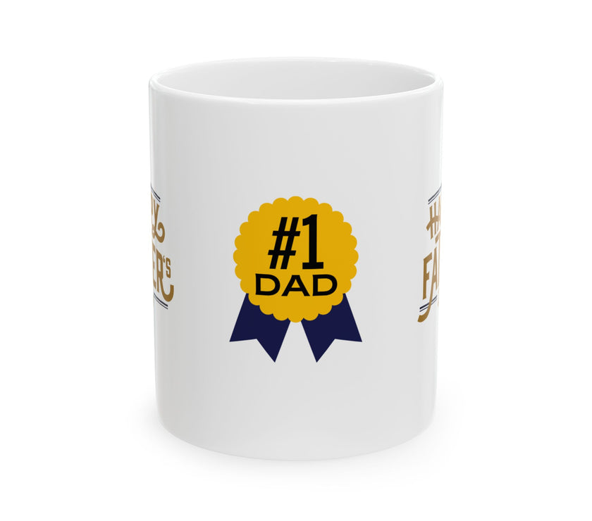 White ceramic mug featuring a #1 Dad ribbon and Happy Father’s Day message, ideal gift for Father’s Day celebrations.