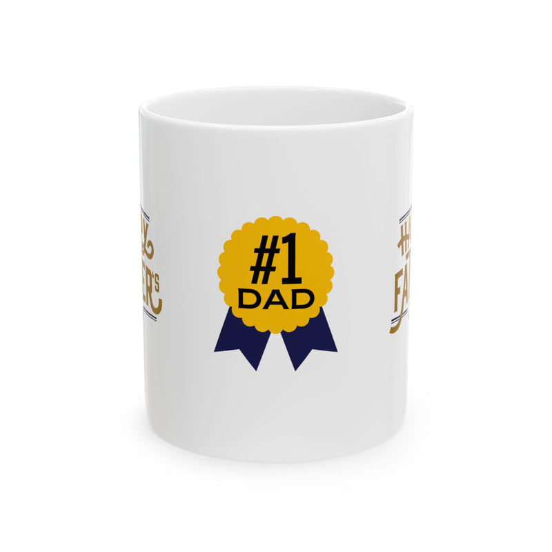 White ceramic mug featuring a #1 Dad ribbon and Happy Father’s Day message, ideal gift for Father’s Day celebrations.