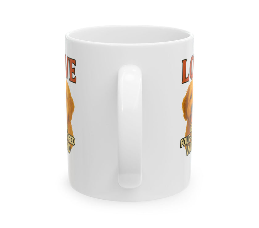 White mug with a graphic design of a dog and text on a white background