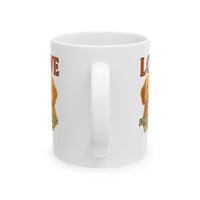 White mug with a graphic design of a dog and text on a white background