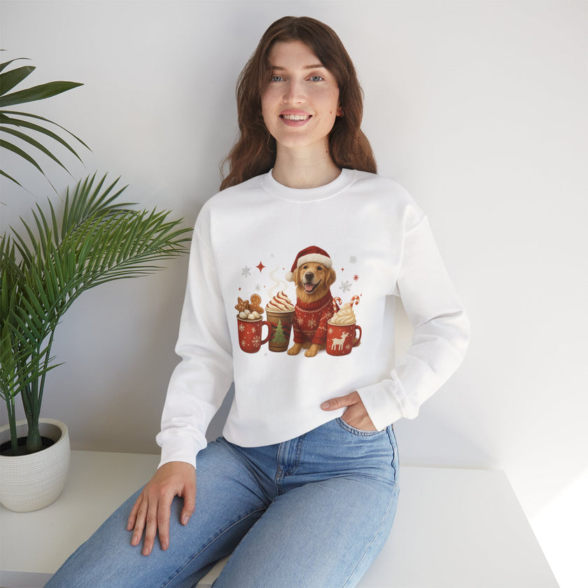 Woman wearing a white sweatshirt with a dog and hot chocolate design, sitting on a white surface with a plant in the background.