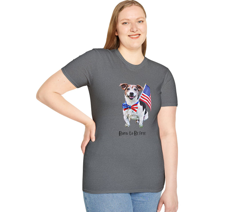 Female wearing T-shirt featuring a cute  puppy wearing an American flag bow tie and holding a small U.S. flag, with the phrase 'Born to Be Free' printed below the image.