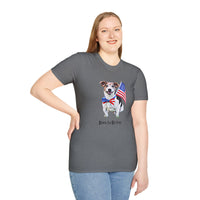 Female wearing T-shirt featuring a cute  puppy wearing an American flag bow tie and holding a small U.S. flag, with the phrase 'Born to Be Free' printed below the image.
