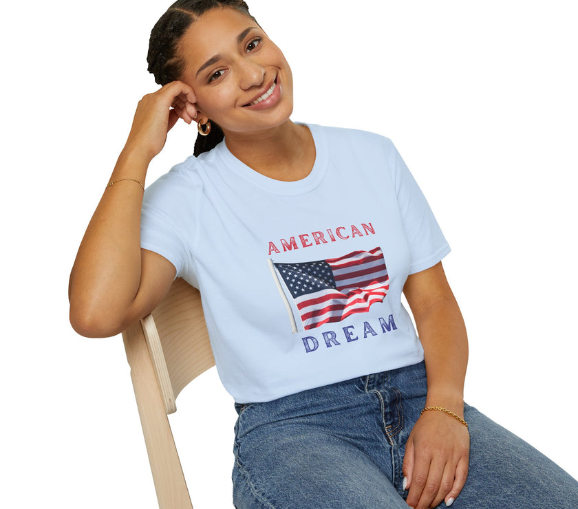 Female wearing T-shirt featuring an American flag graphic with the words 'AMERICAN DREAM' in red and blue text above and below the flag