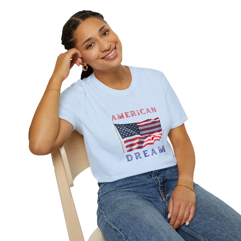 Female wearing T-shirt featuring an American flag graphic with the words 'AMERICAN DREAM' in red and blue text above and below the flag