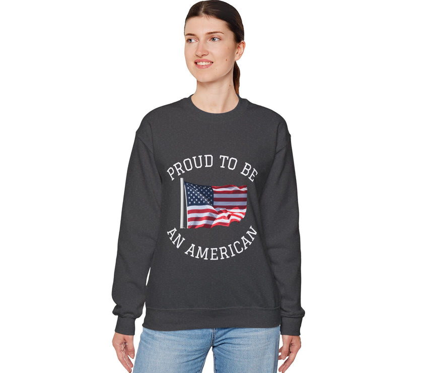 Person wearing a black sweatshirt with 'Proud to be an American' text and flag design on a white background