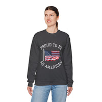 Person wearing a black sweatshirt with 'Proud to be an American' text and flag design on a white background