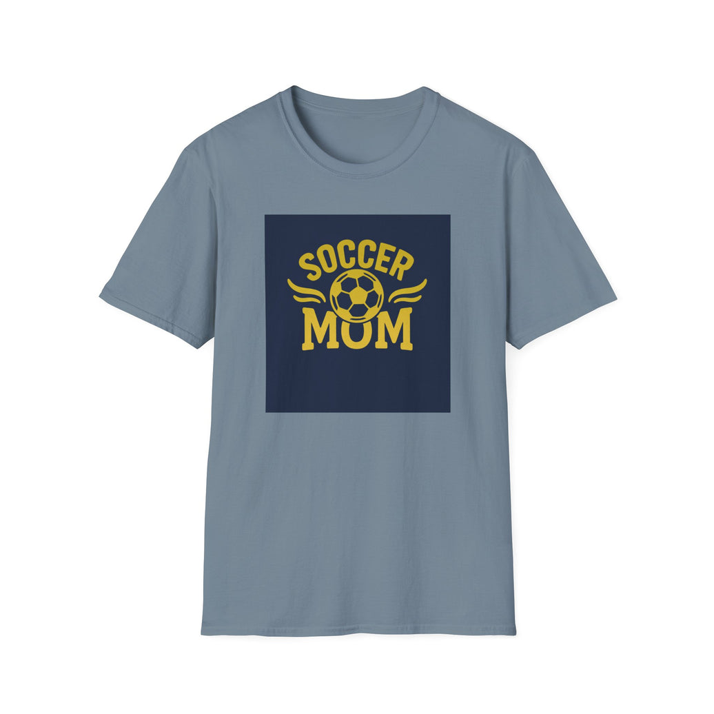 Gray t-shirt with 'Soccer Mom' graphic on a white background