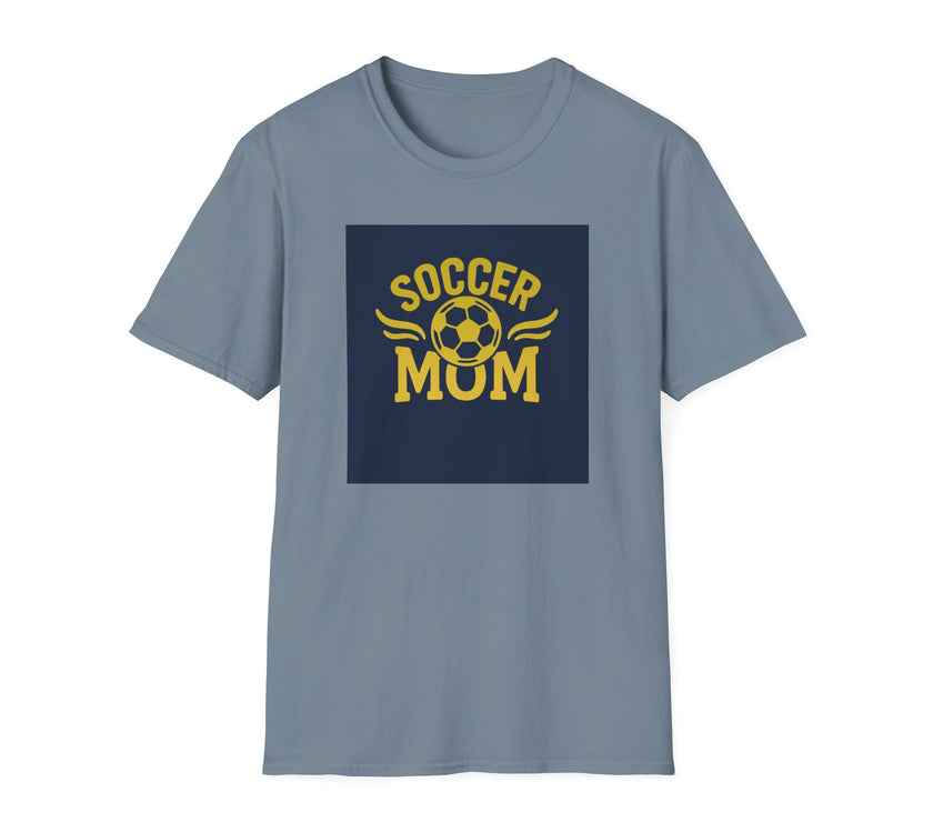 Gray t-shirt with 'Soccer Mom' graphic on a white background
