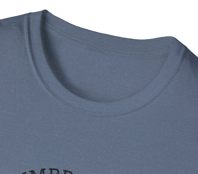 Close-up of a blue shirt with text on a white background