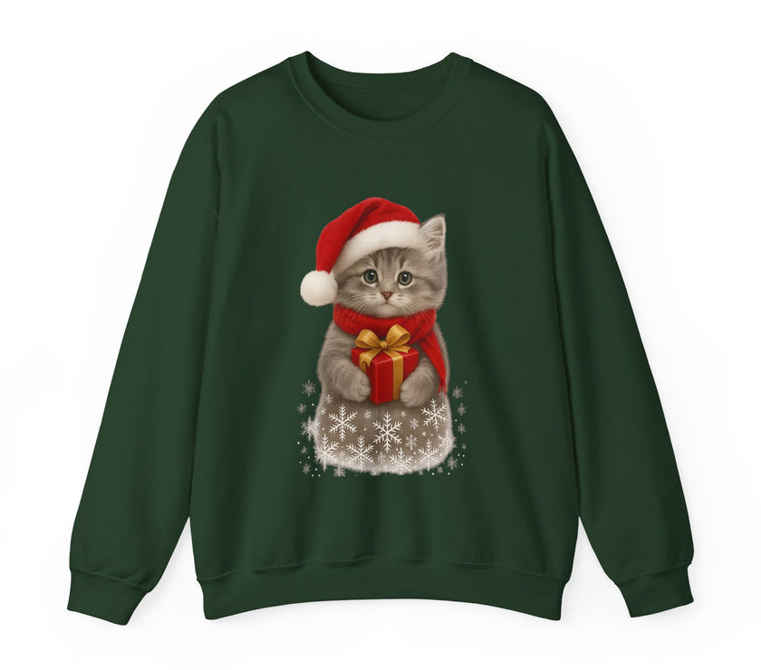Green sweatshirt featuring a gray kitten wearing a Santa hat and red scarf, holding a small red gift box with a gold bow, surrounded by snowflake designs.