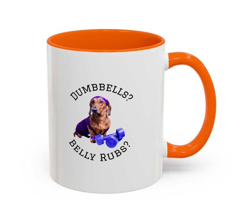 Two tone ceramic mug featuring a dachshund next to dumbbells and the humorous text 'Dumbbells? Belly Rubs?', designed for dog lovers and fitness enthusiasts.