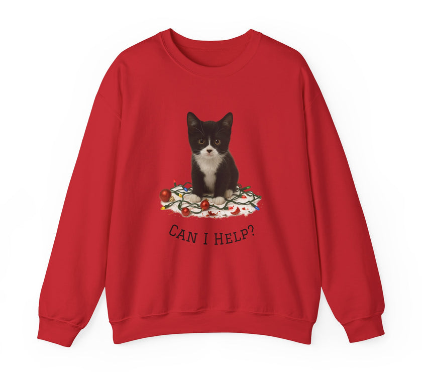 Red sweatshirt with a cat graphic and 'CAN I HELP?' text on a white background