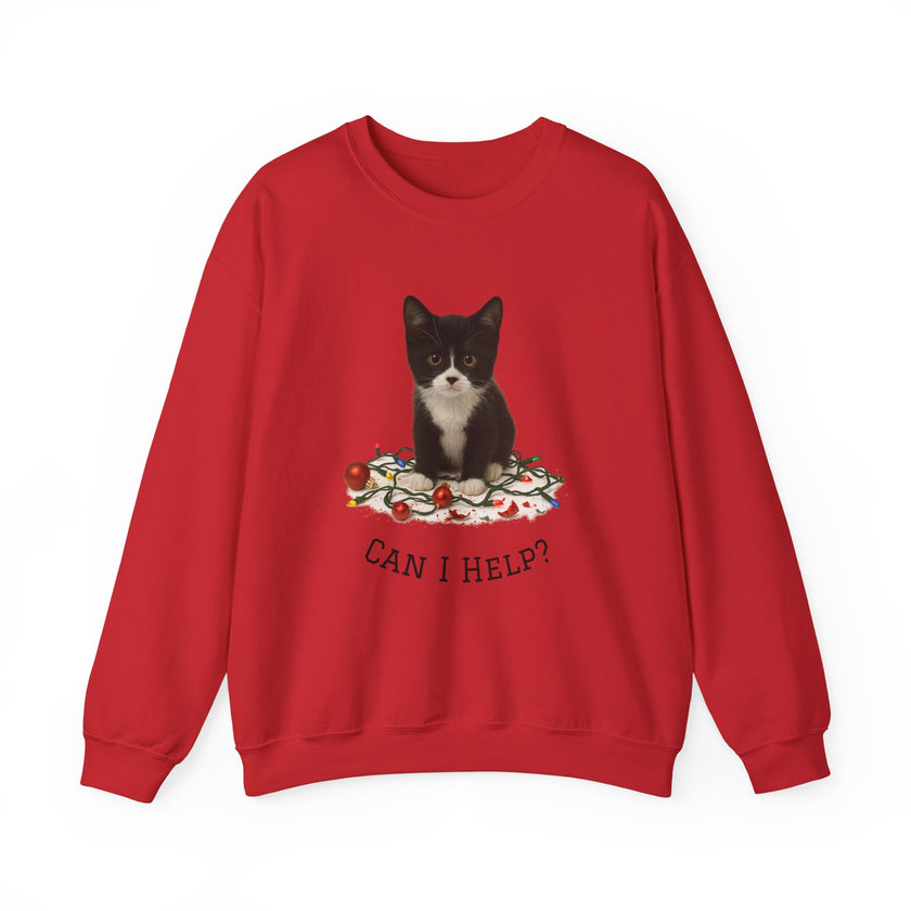 Red sweatshirt with a cat graphic and 'CAN I HELP?' text on a white background