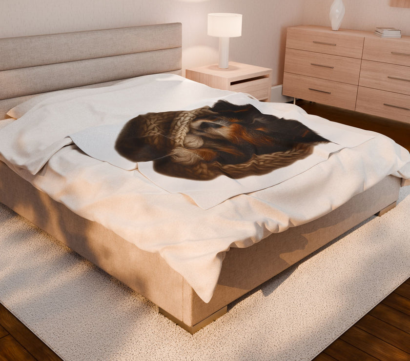 Blanket with Puppy wrapped in a knitted blanket on a white 