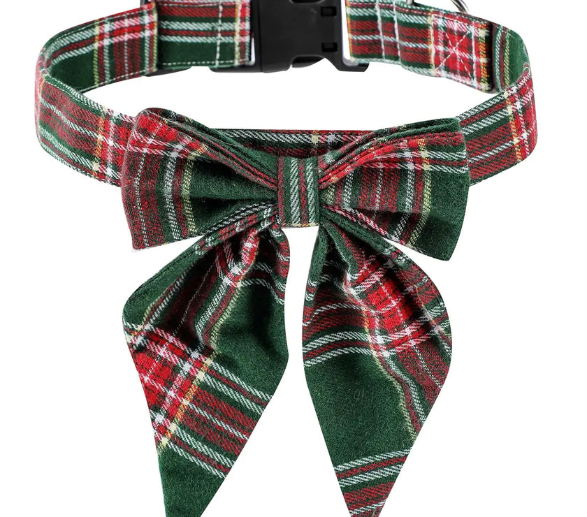 Plaid dog collar with a bow tie on a white background