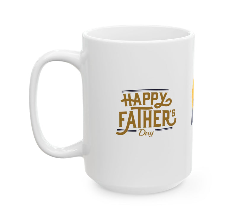 White ceramic mug featuring a #1 Dad ribbon and Happy Father’s Day message, ideal gift for Father’s Day celebrations."