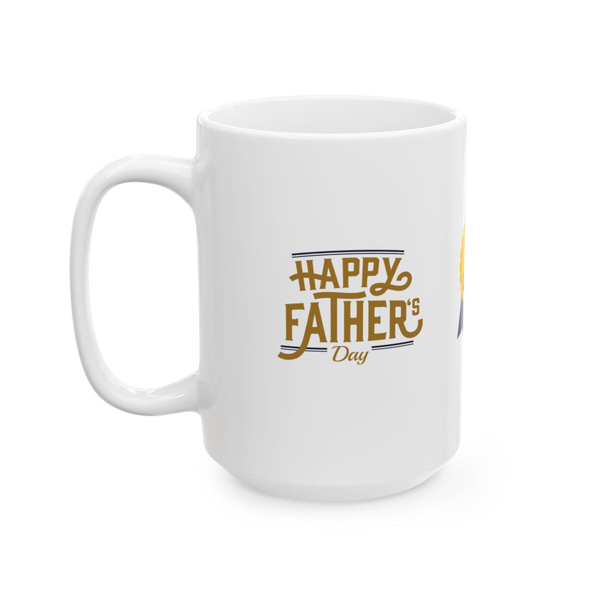 White ceramic mug featuring a #1 Dad ribbon and Happy Father’s Day message, ideal gift for Father’s Day celebrations."